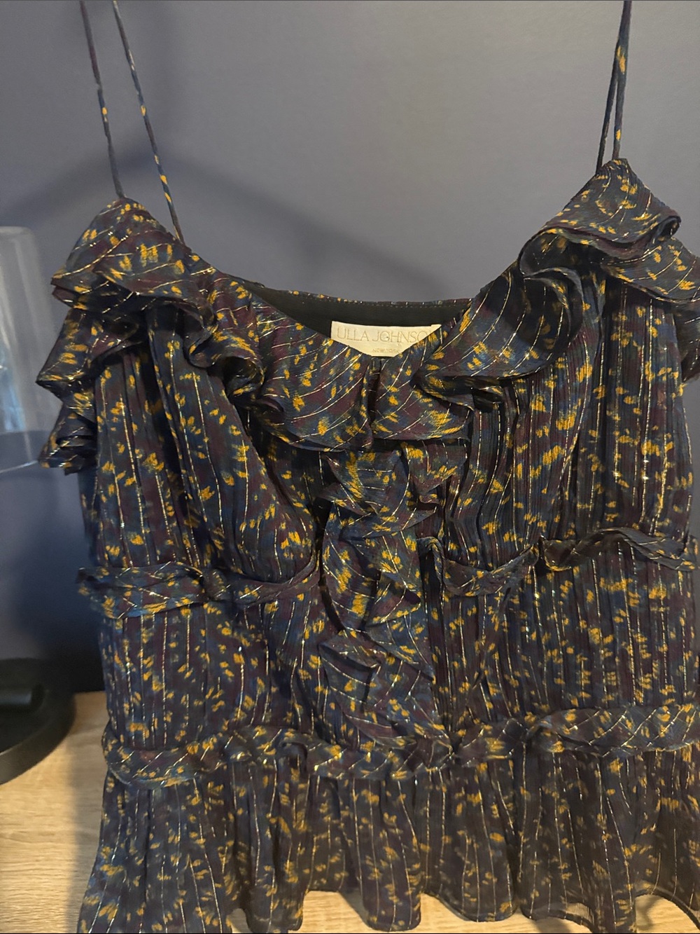 Ulla Johnson Navy Floral Ruffle Pleated Blouse Sz 8